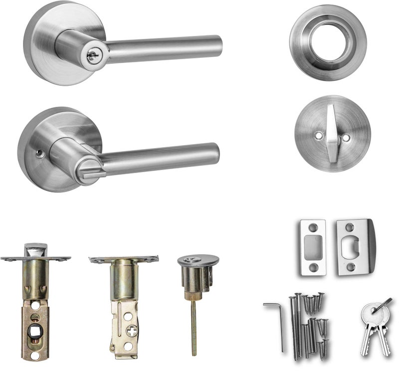 Berlin Modisch Entry Lever Door Handle and Single Cylinder Deadbolt Lock and Key Sleek Round Locking Lever Handle Set [Front Door or Office] Right & Left Sided Doors Heavy Duty â€“ Satin Nickel Finish - Image 5